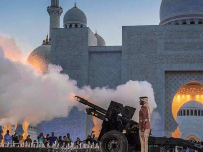 cannon at Sheikh Zayed Grand Mosque in Abu Dhabi is fired