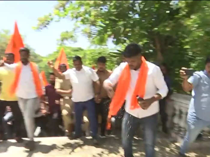 Bhajarang Dal activists clean the place where azaan recited with cow’s urine in Shivamogga
