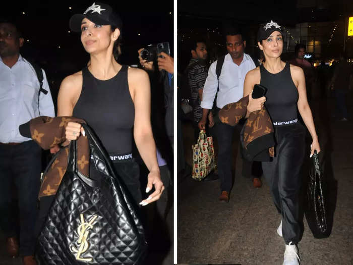 malaika arora in expensive and luxury brand pants bag and jacket spotted at airport