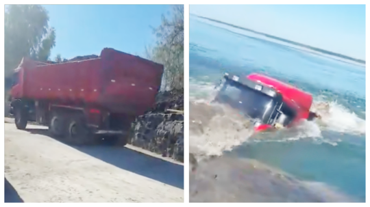 shocking video of a truck tanked into the ocean while unloading is going viral on social media