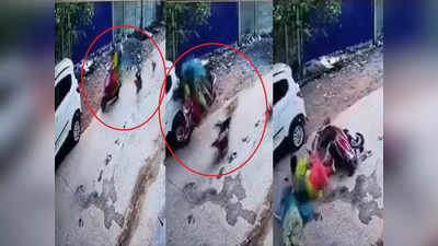 CCTV : भटक्या कुत्र्यांपासून वाचण्याचा प्रयत्न, स्कूटर कारवर धडकली, दोघी बहिणींसह चिमुकला जखमी
