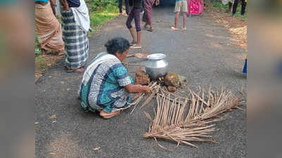 അദാനിയുടെ പേരും പറഞ്ഞ് പാറ ഖനനം; ലോറി തടഞ്ഞിട്ട് കഞ്ഞി വെച്ച് പ്രതിഷേധിച്ച് വീട്ടമ്മമാര്‍