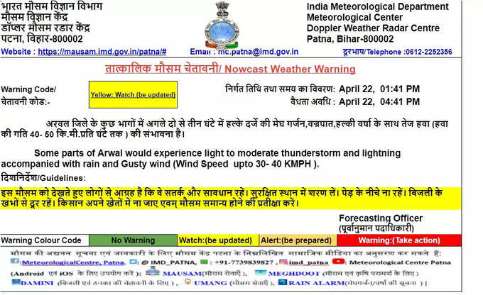 अरवल जिले के लिए मौसम विभाग का अलर्ट, देखिए यहां