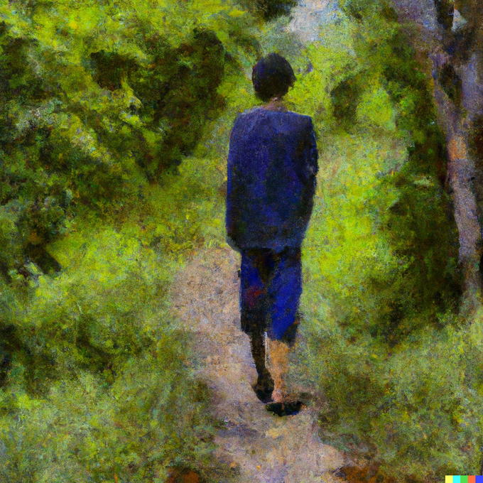 DALL·E  teen boy walking back to  forest, like a oil painting