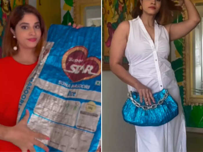 girl desi jugaad video actor gets creative turns old rice bag into fashionable handbag