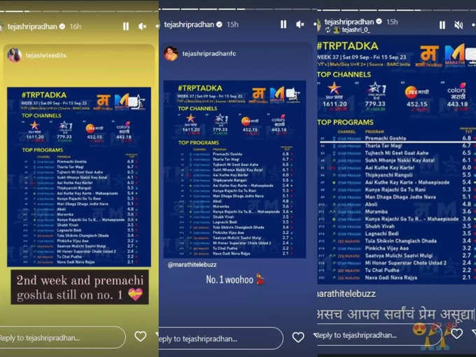 Tejashri Pradhan Insta Story On Marathi Serial TRP 