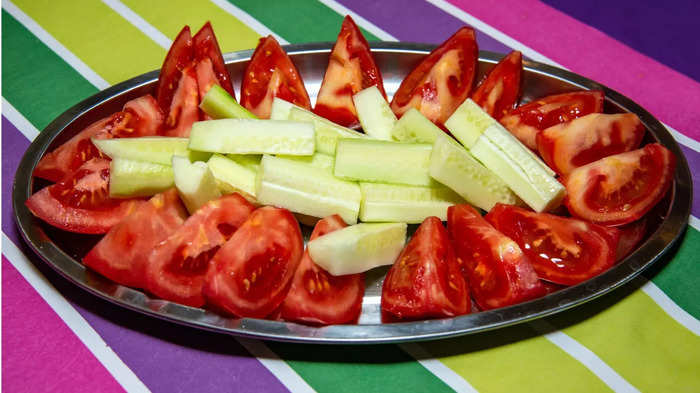 Tomato and cucumber salad stock photo