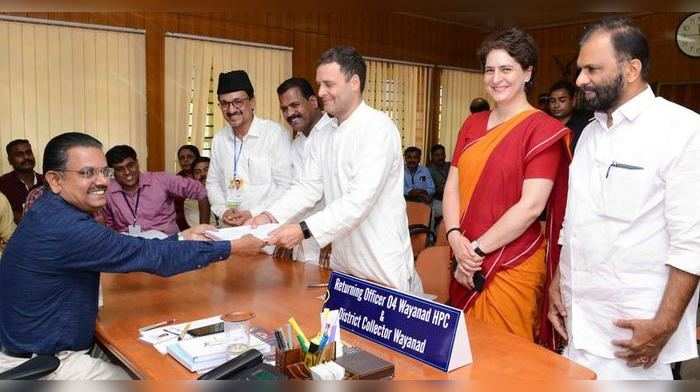 Kerala, April 04 (ANI): Congess Party President Rahul Gandhi files nomination from Wayanad Parliamentary constituency in Kerala on Thursday. Priyanka Gandhi Vadra with other Party leaders are also present.(ANI PHOTO)