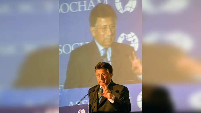 Former Pakistan President Pervez Musharraf addresses the gathering at an ASSOCHAM interactive session in New Delhi on Sunday.