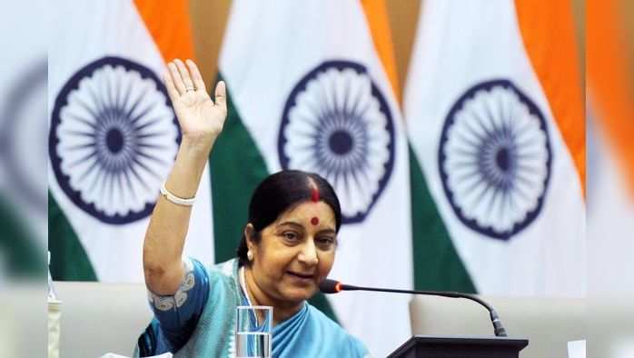 External Affairs Minister Sushma Swaraj gestures during a news conference in New Delhi on Saturday.