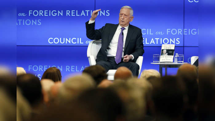 Former U.S. Secretary of Defense Jim Mattis speaks at the Council on Foreign Relations, in New York, Tuesday, Sept. 3, 2019. (AP Photo/Richard Drew)