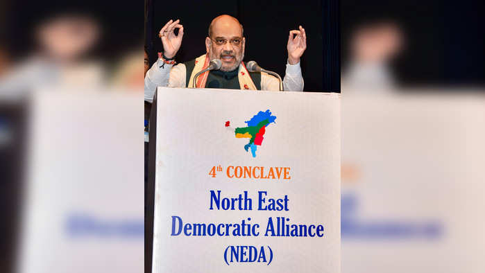 Guwahati: Union Home Minister Amit Shah addresses during the 4th Conclave of the North East Democratic Alliance (NEDA), in Guwahati, Monday, Sept 9, 2019. (PTI Photo)(PTI9_9_2019_000070A)