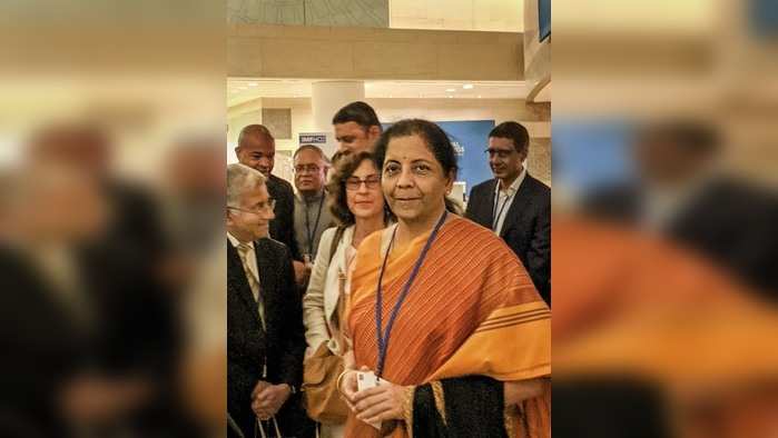 Washington: Finance Minister Nirmala Sitharaman interacts with global investors at the headquarters of International Monetary Fund, in Washington, Wednesday, Oct. 16, 2019. (PTI Photo/Lalit K Jha) (PTI10_17_2019_000021B)