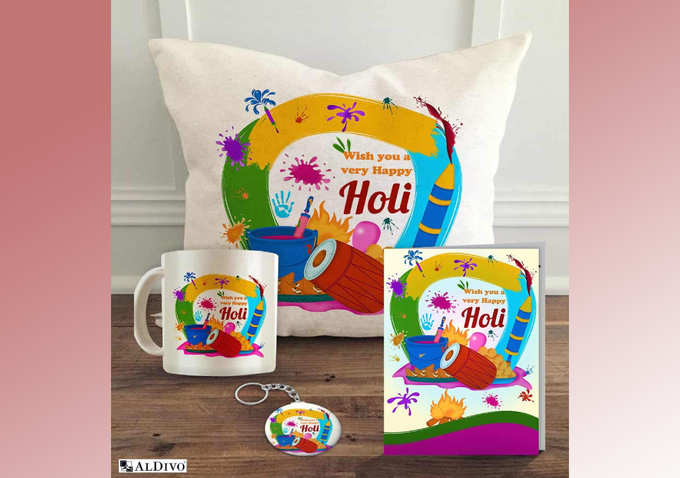 ALDIVO Happy Holi 12x12-inch Satin Cushion Cover with Filler, Printed Mug, Greeting Card and Printed Key Ring Combo Pack (White)