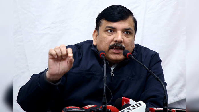 New Delhi, Feb 07 (ANI): AAP leader Sanjay Singh addresses to media during a press conference in New Delhi on Friday. (ANI Photo)