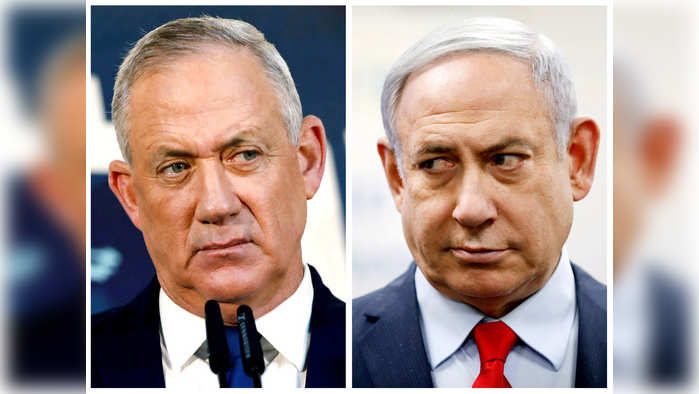 FILE PHOTO: A combination picture shows Benny Gantz, leader of Blue and White party, in Tel Aviv, Israel, November 23, 2019 and Israeli Prime Minister Benjamin Netanyahu in Kiryat Malachi, Israel March 1, 2020. REUTERS/Corinna Kern, Amir Cohen/File Photo