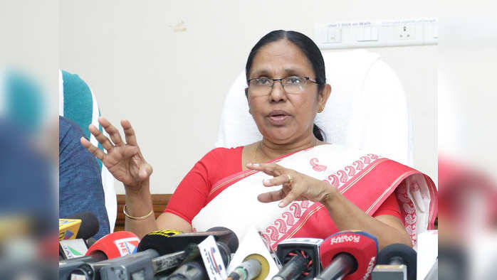 Health minister K K Shailaja addressing media persons in connection with the confirmation of a person is admitted in a private hospital tested positive for Nipah. , in Kochi.