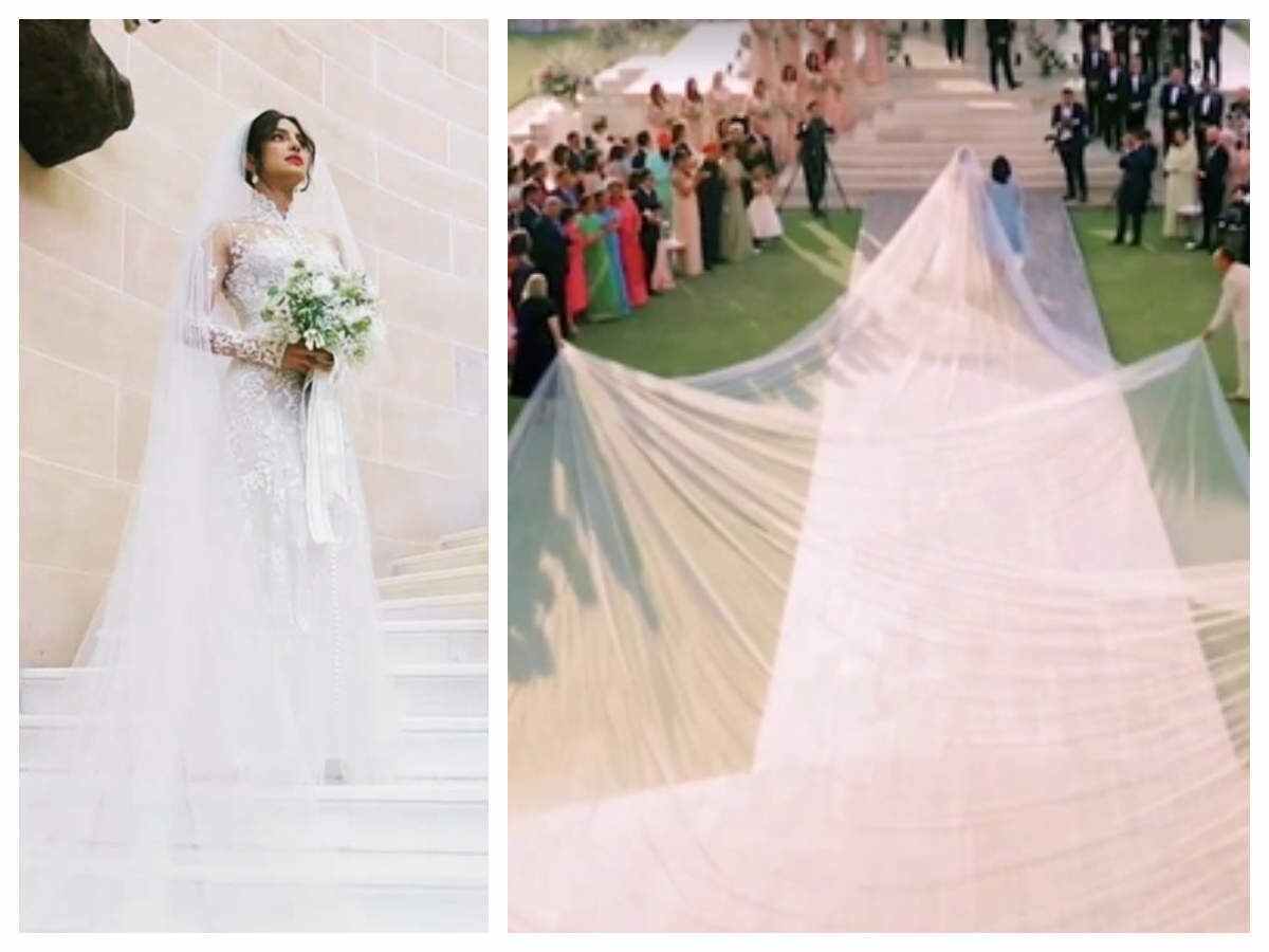 Priyanka Chopra Wedding Gown 32 हज र म त 12 हज र क र स टल स क अल व प र य क च पड क व ड ग ग उन पर ल ख ह य 8 शब द Priyanka Chopra White Wedding Gown Navbharat Times