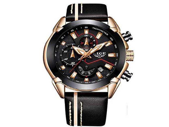 LIGE Japanese Quartz Genuine Leather Multi-Functional Chronograph Waterproof Wristwatch for Men LIGE 9869 - Black Gold