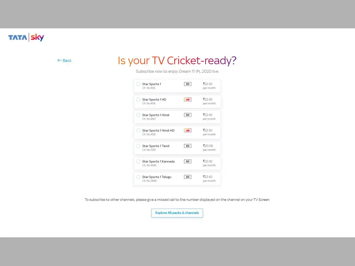 tata sky ipl match channel no