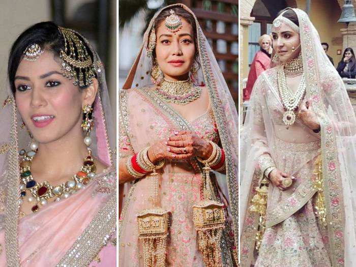 anushka sharma-mira rajput kapoor-neha kakkar bollywood brides chose pastel pink lehenga