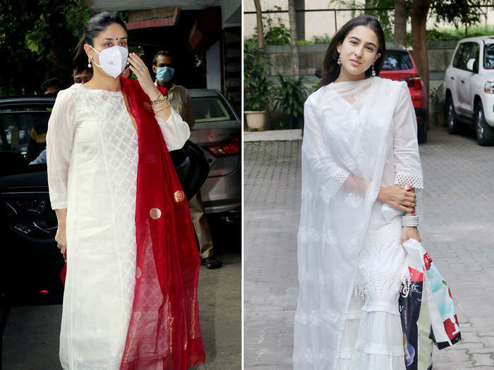 kareena kapoor khan white suit and red dupatta look beats sara ali khan chikankari sharara set look