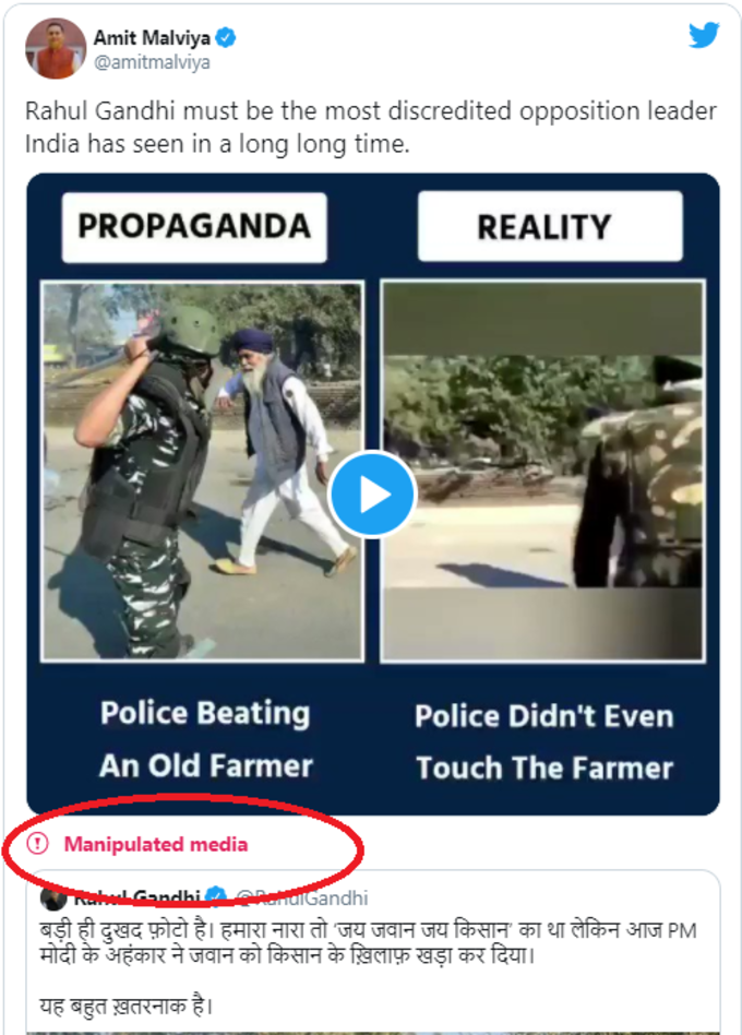 Twitter hit Amit Malviya's tweet with 'Manipulated Media' remarks Twitter hit Amit Malviya's tweet with manipulated media remarks