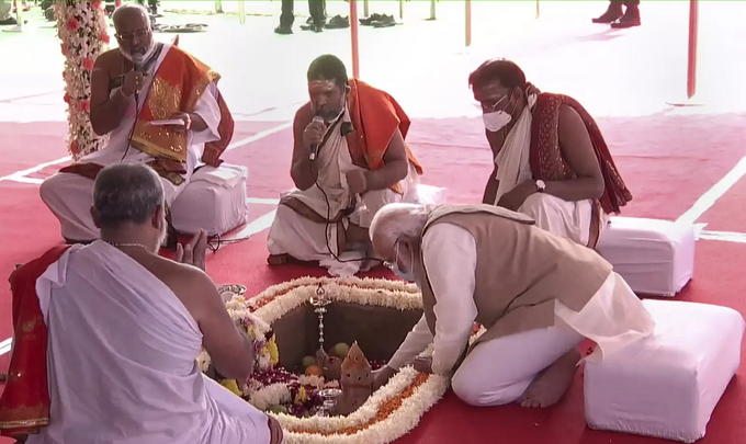 Prime Minister Narendra Modi lays the foundation stone of New Parliament Building