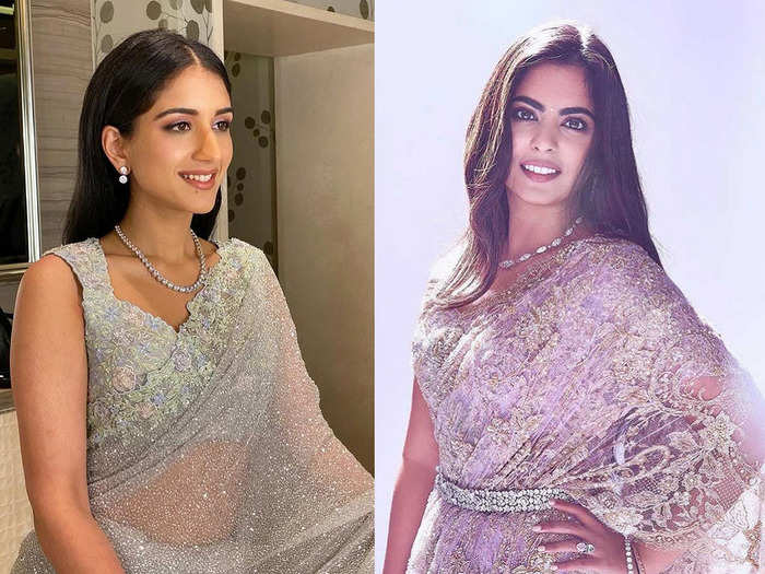 when isha ambani and radhika merchant were spotted wearing similar looking sequin saree in a function
