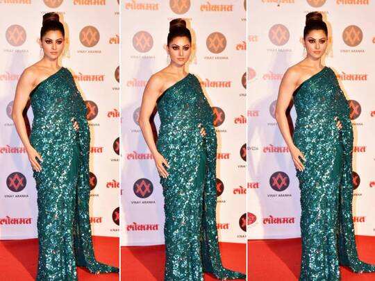 Urvashi Rautela Looks Worst In Green Embellished Sequence Saree At Lokmat Most Stylish Awards : उर्वशी रौतेला के कर्वी फिगर पर चमचमाती साड़ी बनी आफत, लो-कट ब्लाउज देख मुंह से निकला 'ऐसे