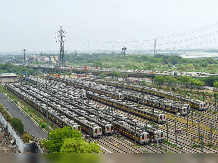 New Delhi: Metro trains parked at Timarpur Yard during COVID-induced lockdown, i...
