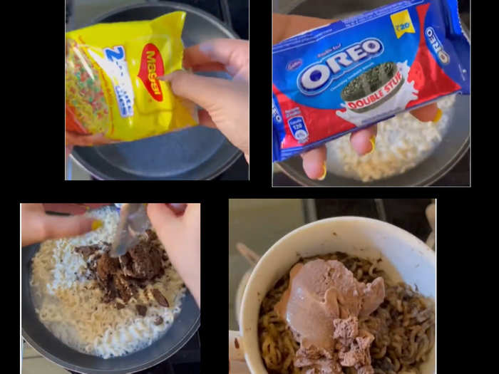 maggi noodles with oreo biscuit and ice cream