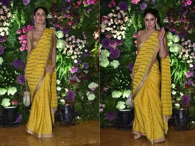 kareena kapoor bold and hot saree looks: करीना कपूरनं भावाच्या वरातीसाठी निवडला हॉट व बोल्ड साडी लुक, लोकांची नजर तिच्यावरच राहिली खिळून - kareena kapoor khan stunning look in yellow saree with golden blouse by nikasha