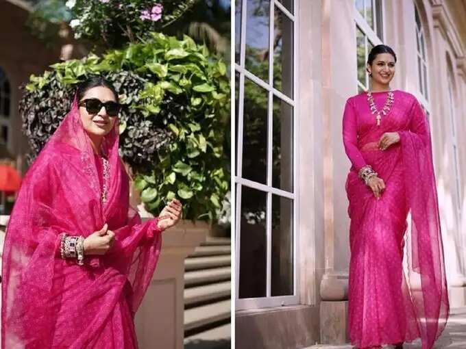 Divyanka Tripathi Glamorous Traditional Saree Look: अभिनेत्री गुलाबी रंगाच्या साडीमध्ये दिसतेय प्रचंड सुंदर, पतीसोबतचे रोमँटिक फोटो केले शेअर - divyanka tripathi dahiya looks pretty and stunning in rani pink bandhani organza saree latest photoshoot