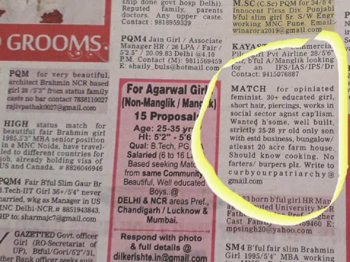 Matrimonial Ad for Opinionated Feminist