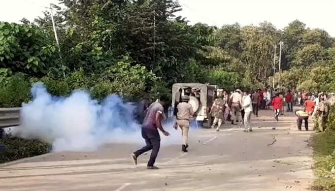 Cachar: Police personnel during a clash at Assam-Mizoram border at Lailapur in C...