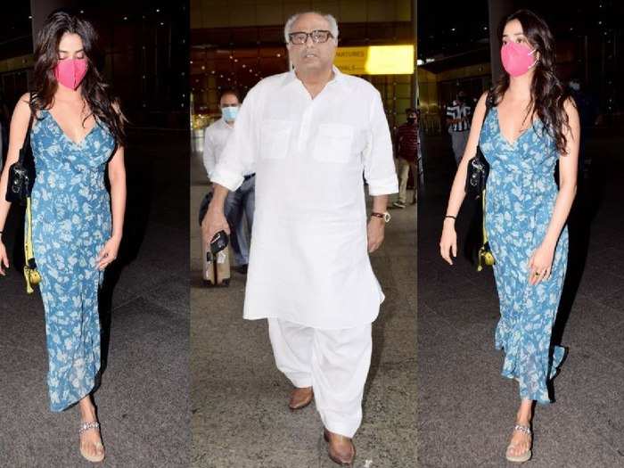 janhvi kapoor in midi dress and khushi kapoor with boney kapoor spotted at airport