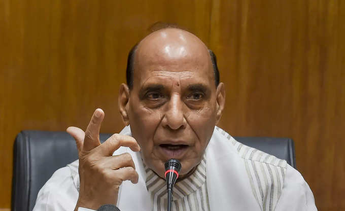 New Delhi: Union Defence Minister Rajnath Singh addresses during the Flag-in cer...