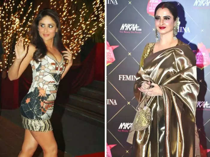 rekha wore sheer off white saree and kareena kapoor khan in white gown at filmfare glamour awards