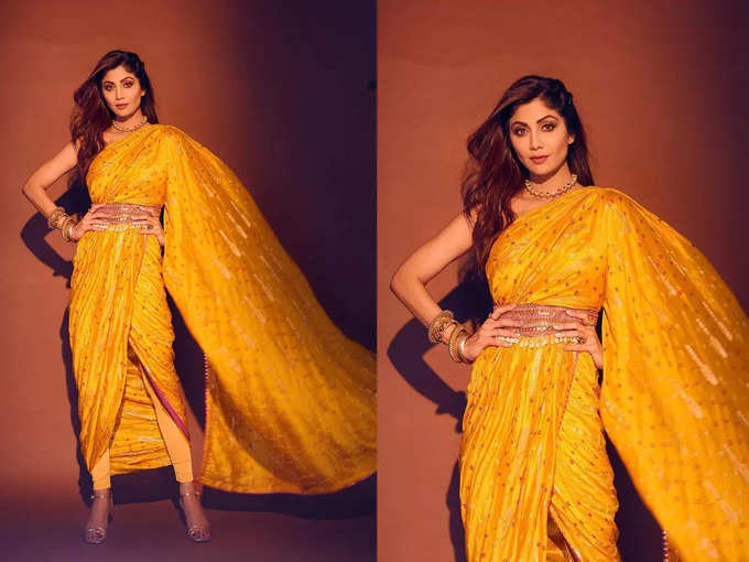 shilpa shetty yellow saree super dancer chapter 4 lifestyle shilpa shetty  gives surprising twist to her yellow dhoti saree  Navbharat Times  Photogallery