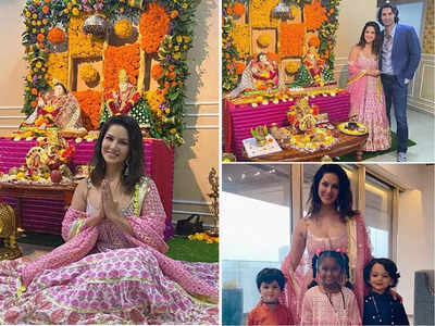 तस्वीरें: सनी लियोनी ने भी घर पर मनाया गणपति का त्योहार, हसबैंड और बच्चों का ऐसा दिखा अंदाज 