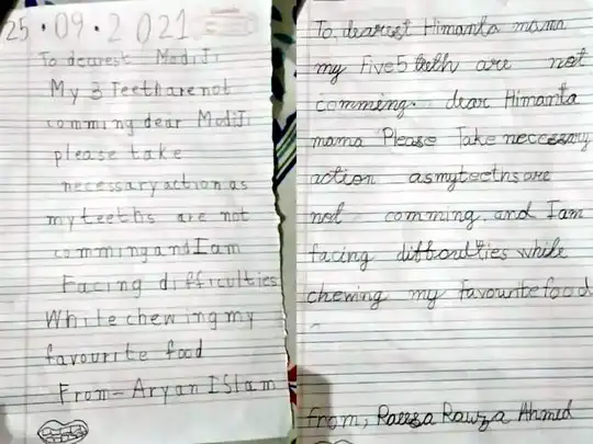 assam kids letter to modi: பல் வளரவில்லை என பிரதமருக்கு புகார் கடிதம்  எழுதிய சிறுவர்கள்... - assam siblings write to pm modi and cm himanta  saying their adult teeth weren't growing and they had