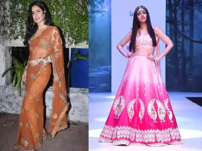 actress katrina kaif orange saree look vs divya khosla kumar in pink lehenga who is looking more glamorous
