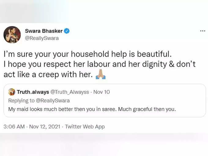 Swara Bhaskar's reply to the user