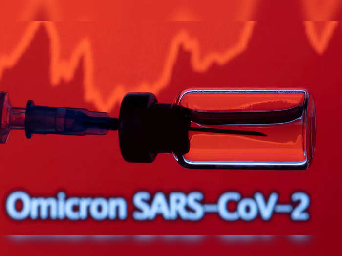 FILE PHOTO: A vial and a syringe are seen in front of a displayed stock graph and words &quot;Omicron SARS-CoV-2&quot; in this illustration taken