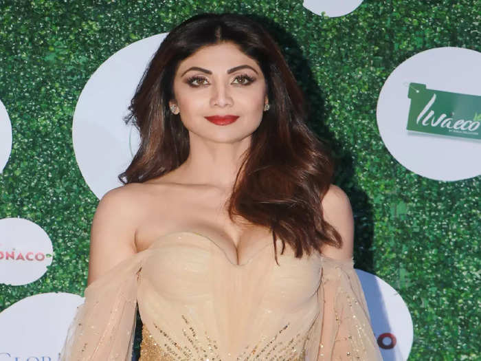 shilpa shetty looks super sexy in sheer nude shade off shoulder shimmery gown