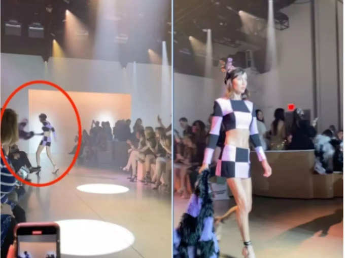 model hitting audience member with coat