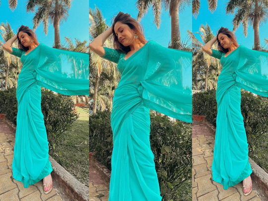 ankita lokhande deep neck blouse saree sexy photos: ankita lokhande looks  gorgeous in turquoise saree with plunging neckline blouse - शादी के दो  महीने बाद अंकिता लोखंडे ने पहना इतना डीप गले