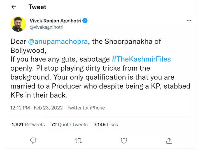 Vivek Agnihotri Tweet about Anupama Chopra