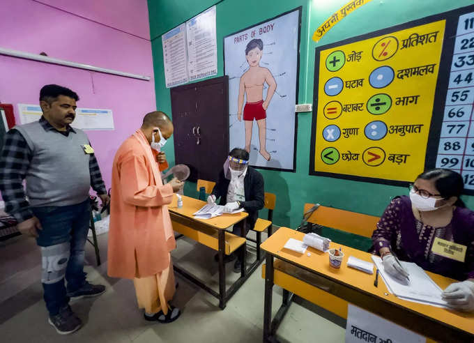 Gorakhpur: Uttar Pradesh Chief Minister Yogi Adityanath casts his vote at a poll...